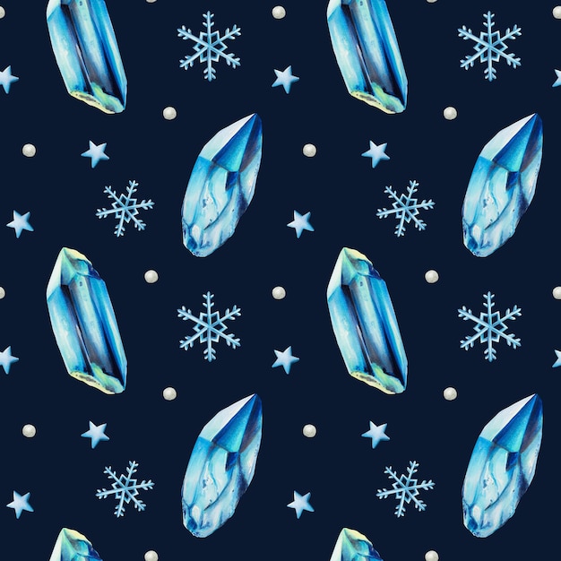 Aquarela padrão festivo de inverno sem costura com cristais de gelo e flocos de neve Pintura à mão cristmas c