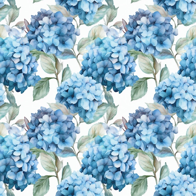 Foto aquarela padrão sem costura botânico com hortênsias azuis fundo floral delicado ia generativa