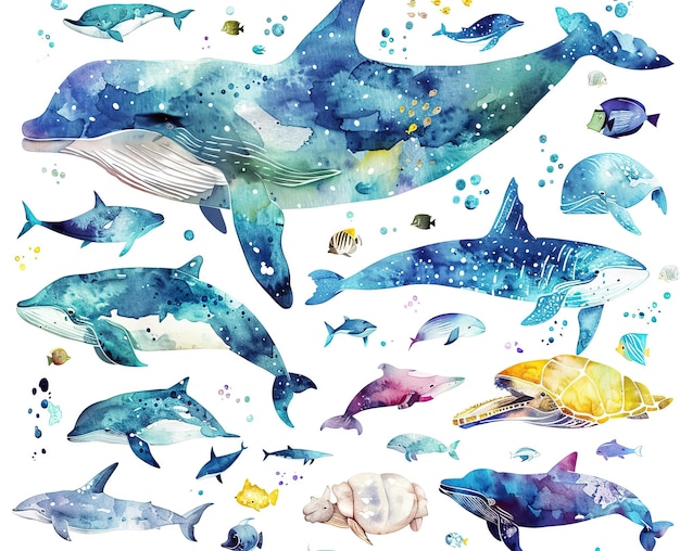 Aquarela padrão sem costura com baleias bonitas e animais marinhos Ilustração