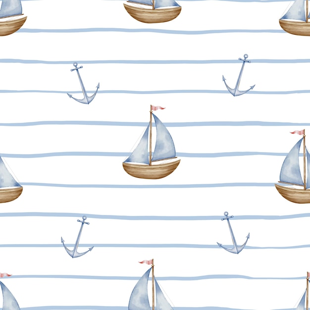 Aquarela padrão sem costura com navios e âncoras em fundo listrado fundo náutico com barco infantil para design têxtil de bebê ou papel de parede de berçário em cores pastel pano de fundo para crianças