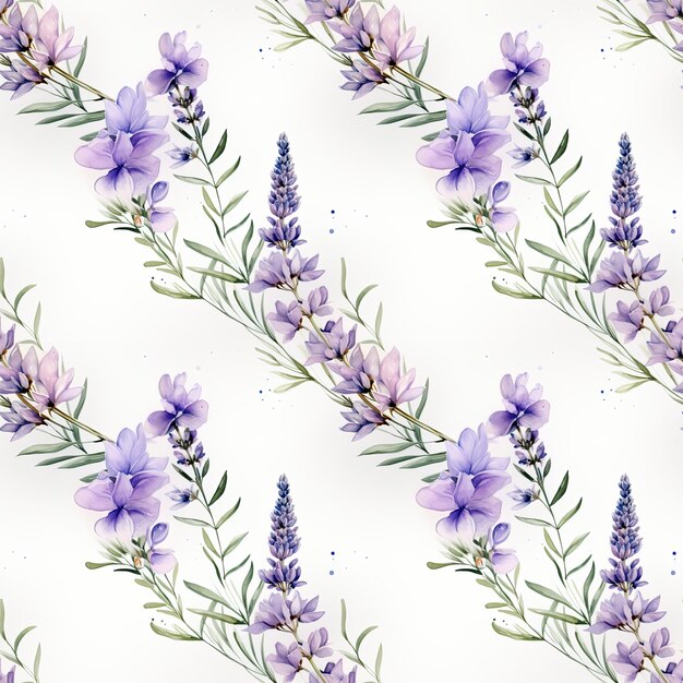 Foto aquarela padrão sem costura de belas flores de lavanda roxa em um fundo branco