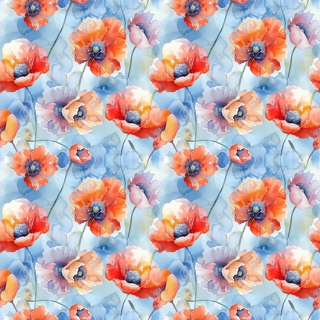 aquarela padrão sem costura de flores de papoula vermelha em um fundo azul