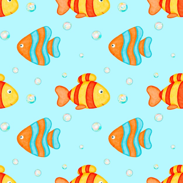 Aquarela padrão sem costura peixe colorido e bolhas de sabão colorido padrão brinquedos brinquedos de banho