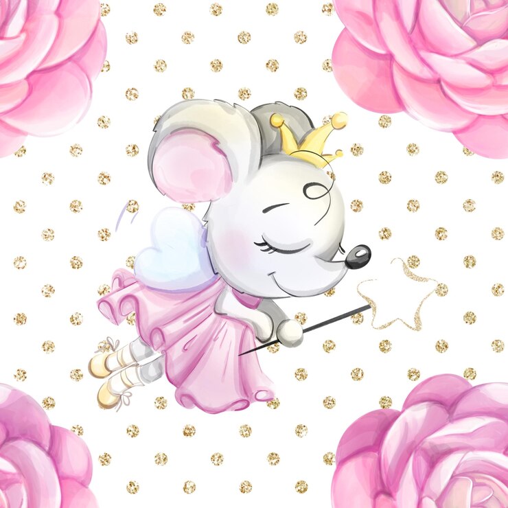 Foto aquarela padrão sem costura princesa dente de fada e rosas rato de desenho animado com coroa