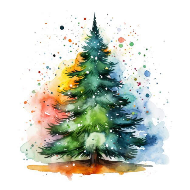 Aquarela País de las Maravillas Una mancha de colores vibrantes en un árbol de Navidad agudo y exigente en un fondo blanco