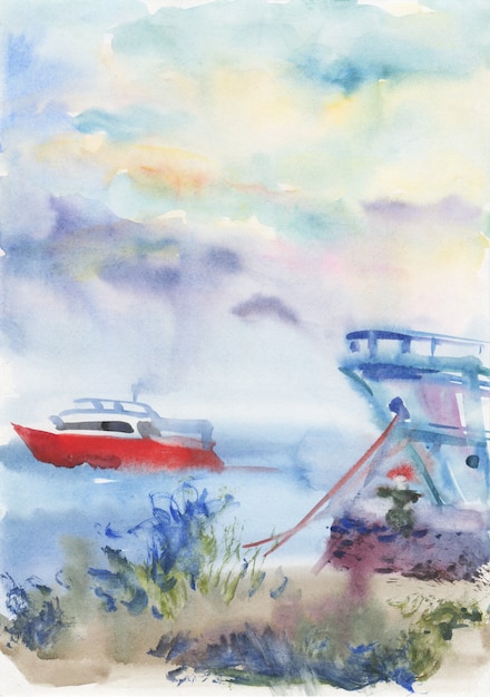 Foto aquarela paisagem com barco.