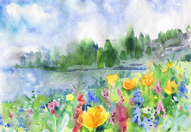 Aquarela paisagem com flores, lago e floresta.