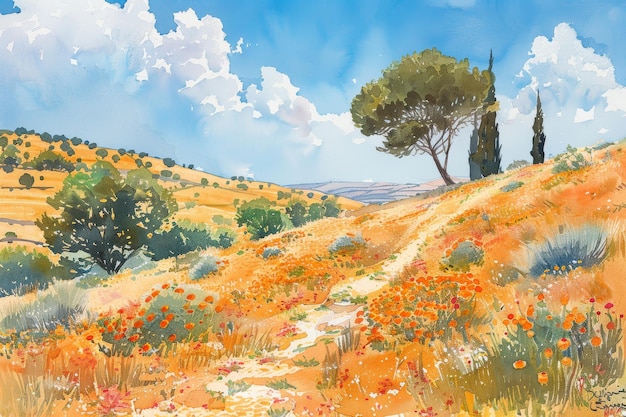 Foto aquarela paisagem de árvores frutíferas em israel ia gerativa