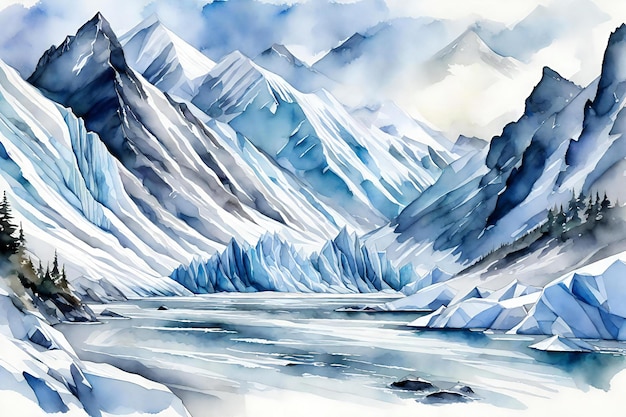 Aquarela paisagem de inverno com rio de montanhas e nuvens Ilustração desenhada à mão