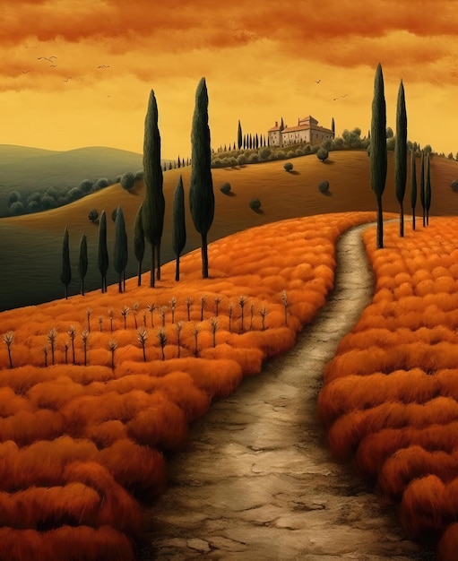 Aquarela paisagem de outono casas de colheita maduras e árvores na Toscana em um dia nublado