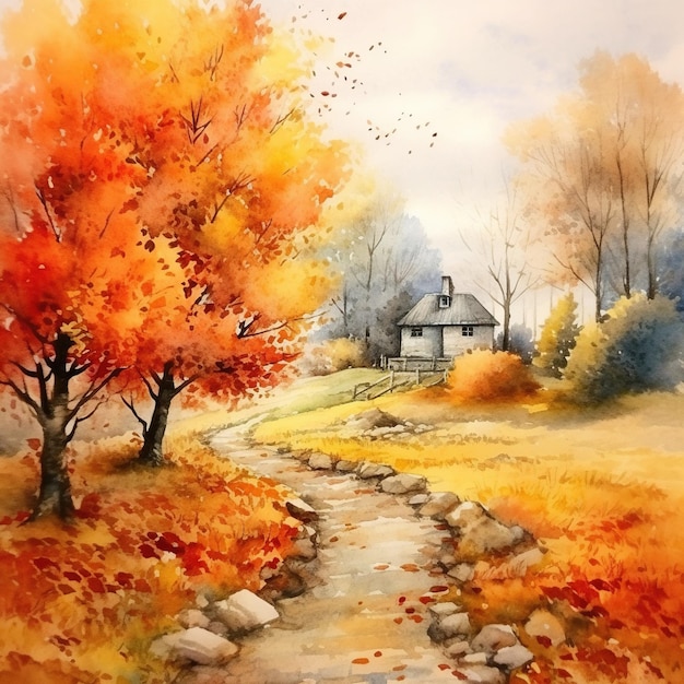 Aquarela paisagem de outono pintura em aquarela queda de folhas