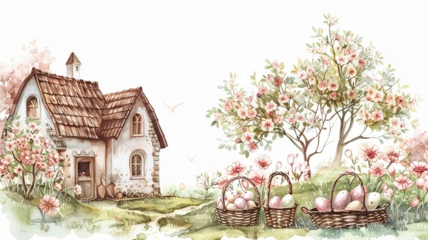 Aquarela Paisagem de Páscoa Cesto com ovos e casa da aldeia Aquarela ilustração desenhada à mão