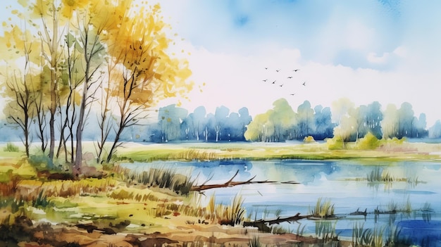 Aquarela Paisagem fluvial no outono Estilo ornitológico preciso