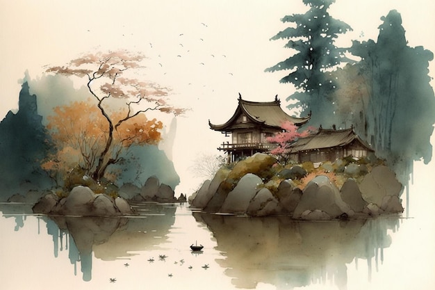 Aquarela Paisagem Japonesa