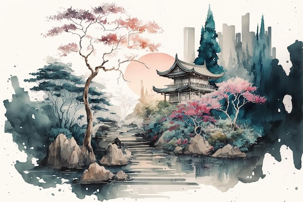 Aquarela Paisagem Japonesa