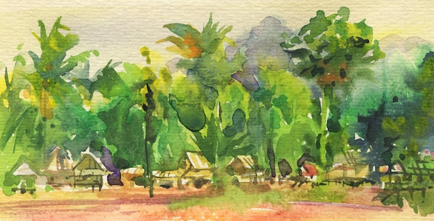 Foto aquarela paisagem tropical com bungalows. mão desenhada fundo natural.