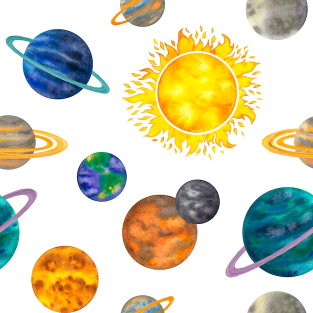 Aquarela patrón sin costuras con los planetas del sistema solar Mercurio Venus Tierra Marte Júpiter