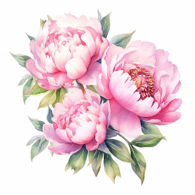 Aquarela Peônias cor-de-rosa suave Clipart fundo branco