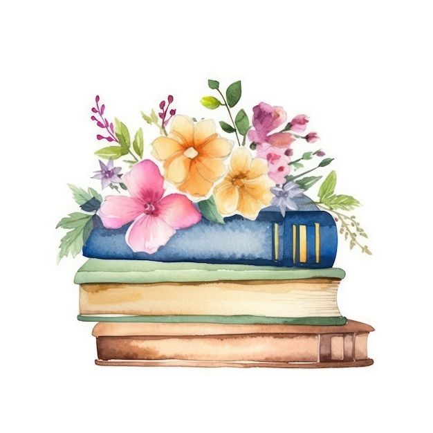 aquarela pilha de livros e flores fundo branco scrapbook clipart