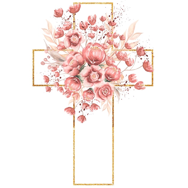 Aquarela pintada à mão rosa floral cross clipart, ilustração de flores religiosas da Páscoa