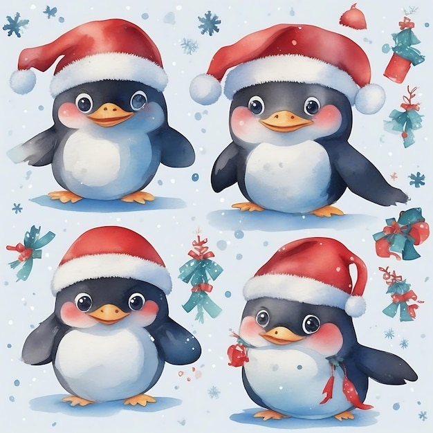 Aquarela pintando pinguins bonitos brincando com presentes