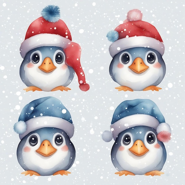 Aquarela pintando pinguins bonitos brincando no Natal