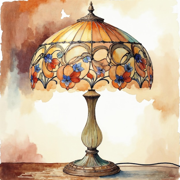 Aquarela pintando uma lâmpada de vidro colorido ao estilo Tiffany