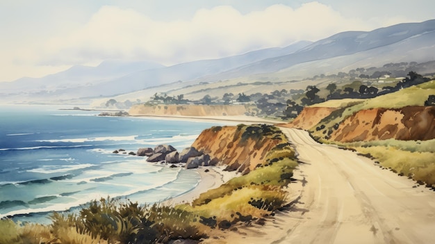 Aquarela Pintura de Estrada Costeira Arte de Estilo Precisionista