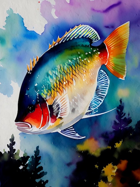 Aquarela pintura de peixe fundo artístico reprodução lago mar e oceano