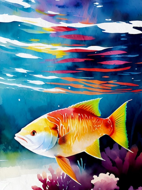 Aquarela pintura de peixe fundo artístico reprodução lago mar e oceano