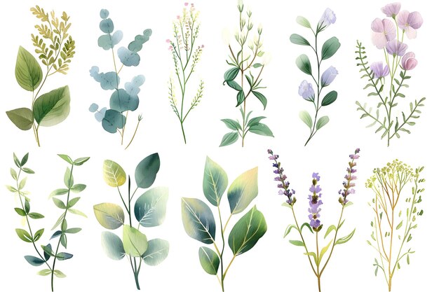 Aquarela plantas herbário botânica ervas aquarela flores vegetação aquarela folhas ilustração