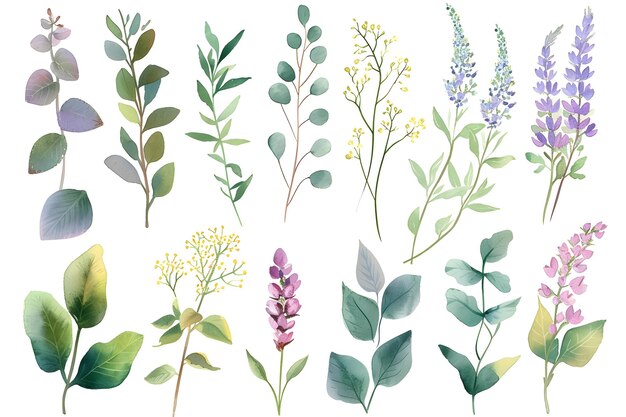 Aquarela plantas herbário botânica ervas aquarela flores vegetação aquarela folhas ilustração