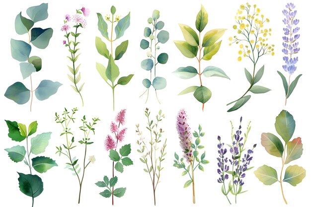 Aquarela plantas herbário botânica ervas aquarela flores vegetação aquarela folhas ilustração