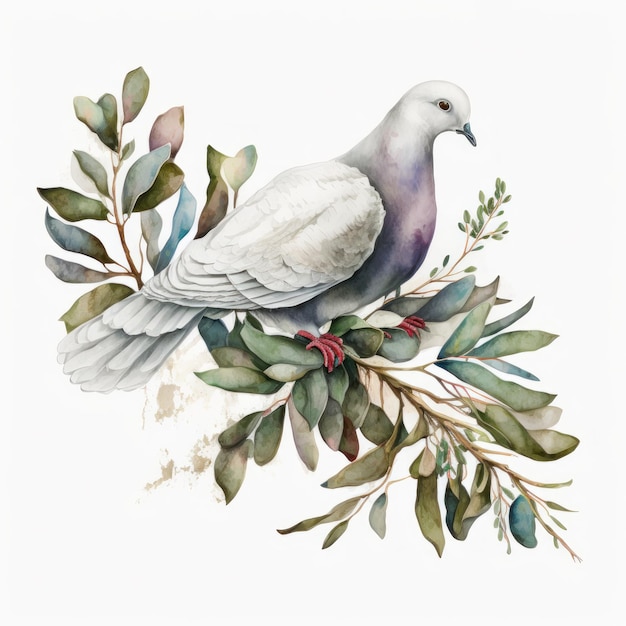 Aquarela pomba branca e ramo de oliveira Ilustração AI GenerativexA
