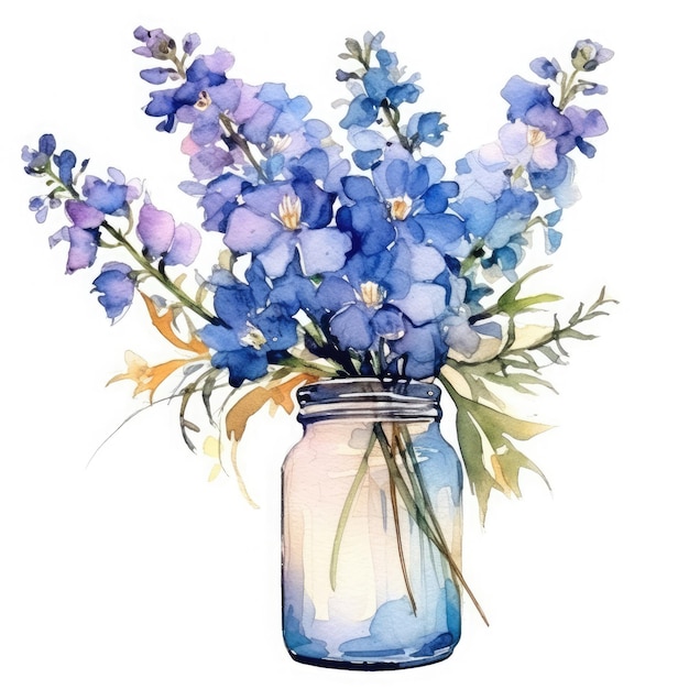 Aquarela de primavera larkspur en un frasco hermosa caricatura en fondo blanco