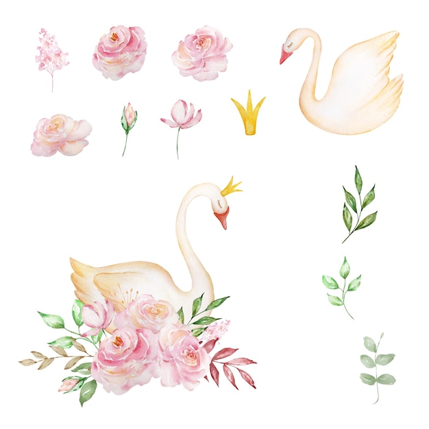 Aquarela Princesa Branca Cisne com coroa Pássaro romântico com buquê de rosas rosas