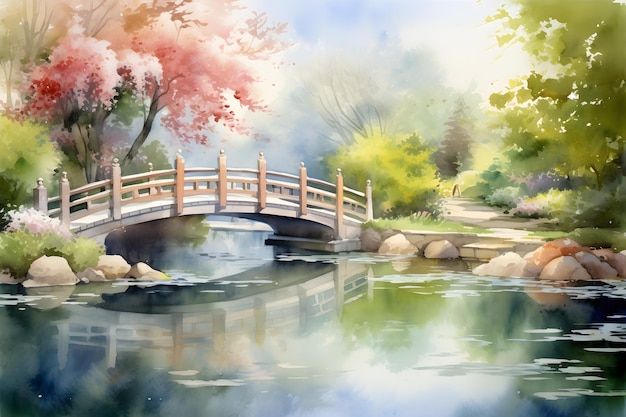 Aquarela puente tradicional sobre un estanque en un tranquilo jardín Zen pintura de fondo de estilo asiático