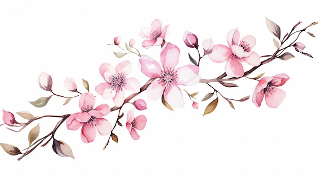 Aquarela de la rama de la flor del cerezo y la ilustración de la flor rosa del cerezo Sakura aisladas sobre un fondo blanco