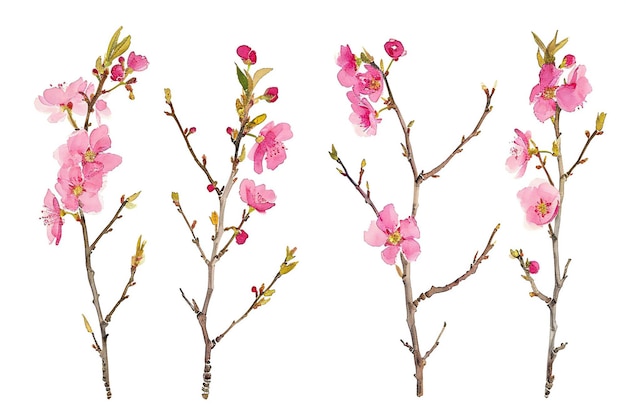 Aquarela de ramas de cerezas en flor aisladas sobre un fondo blanco Ilustración dibujada a mano