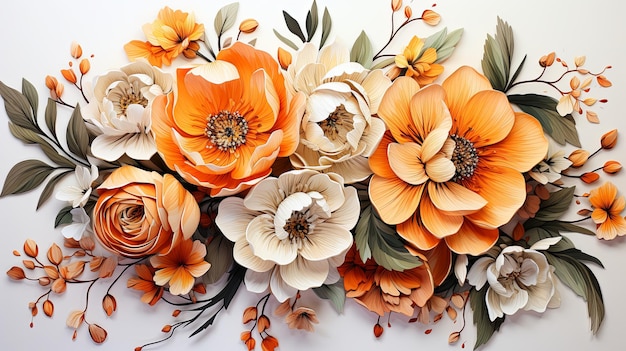 Aquarela ramos de flores de naranja ilustración de clipart y rama floral de rosa para tarjeta de invitación de boda sobre fondo blanco