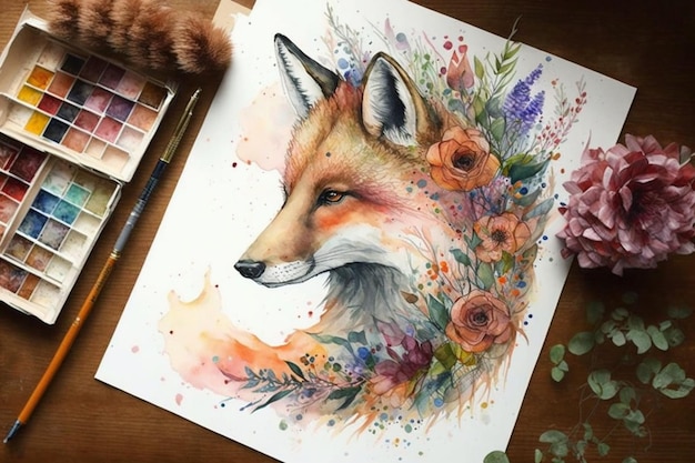 Aquarela raposa com flores no rosto