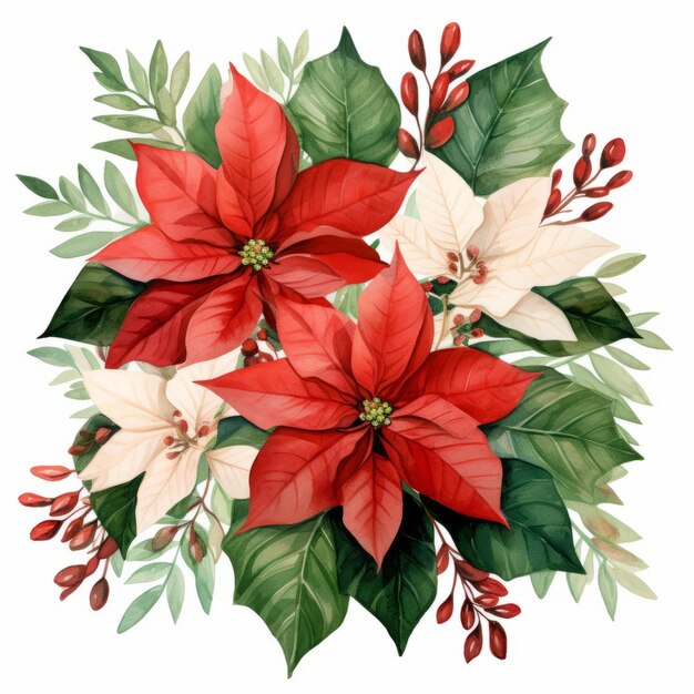 Aquarela realista Flores de Poinsettia Ilustrações de fundo floral de Natal