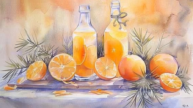 Aquarela de una refrescante bebida de cítricos