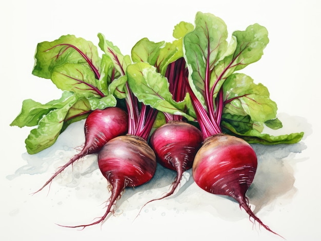 Foto aquarela remolachas con hojas aisladas aquarela raíces de remolacha agua entera color de remolachas verduras en fondo blanco ilustración generativa de ia