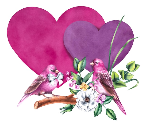 Aquarela Roca de San Valentín con ramos de flores pájaros y flores aisladas en blanco