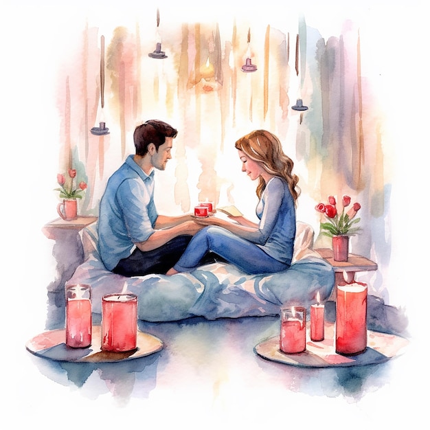 Aquarela Romance Estética Ilustração de Amor de Casal