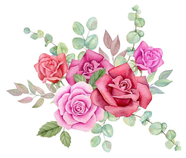 Foto aquarela rosa e buquê de eucalipto design floral verde ilustração do dia dos namorados