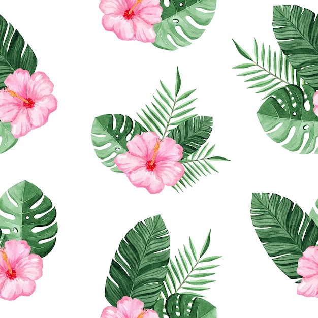Aquarela rosa hibisco e folhas tropicais padrão sem costura em fundo branco para tecido têxteis marca convites scrapbooking embrulho
