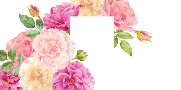 Aquarela rosas multicolores con brotes y hojas plantilla de tarjeta floral dibujada a mano para el diseño