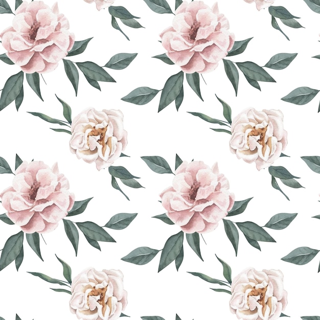 Aquarela sem costura de fundo com rosas em papel digital de fundo branco